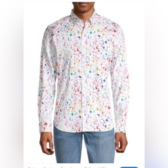 Paul Fredrick Long Sleeve Button Up Dress Shirt White splatter Size Large NWT - Picture 1 of 4